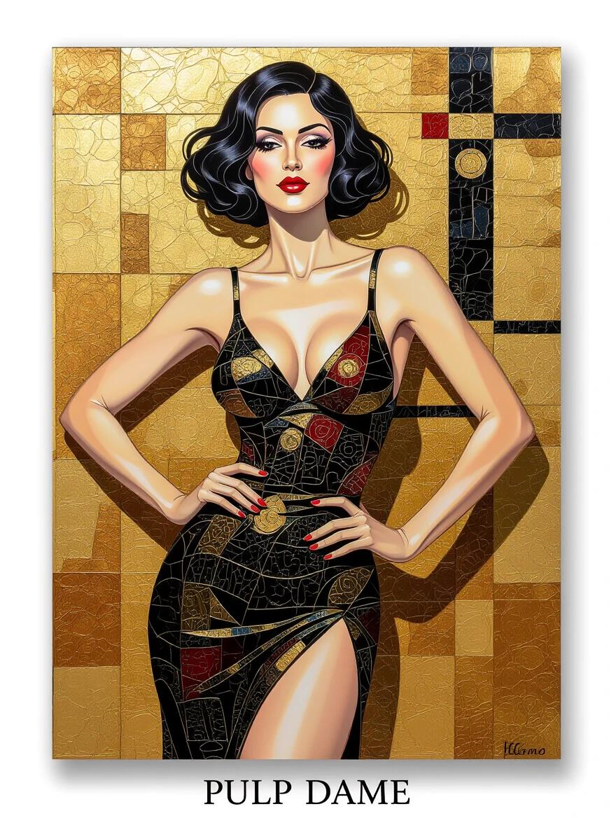 Artwork titled 'Pulp Dame' featuring a glamorous woman in a black dress with intricate designs. The background consists of gold hues with geometric patterns. Emphasis on the woman's athletic body and elegant pose.