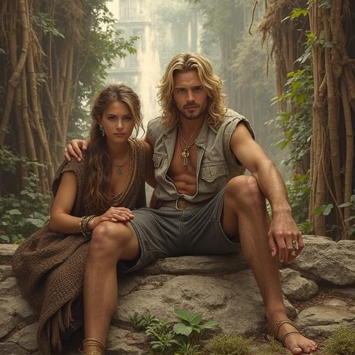 A scene set in a mystical forest. Two characters, a man and a woman, sitting on rocks. The man has long hair and wears casual clothing. The woman has flowing hair and is dressed in a rustic outfit. The background is filled with greenery and ancient ruins. Beams of sunlight filter through the trees.