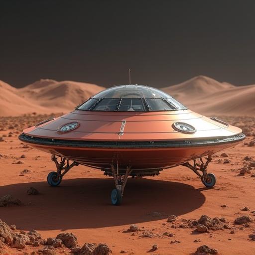 A simple and clean spacecraft designed to land on the surface. The spacecraft has a frisbee shape and is placed on a barren landscape.