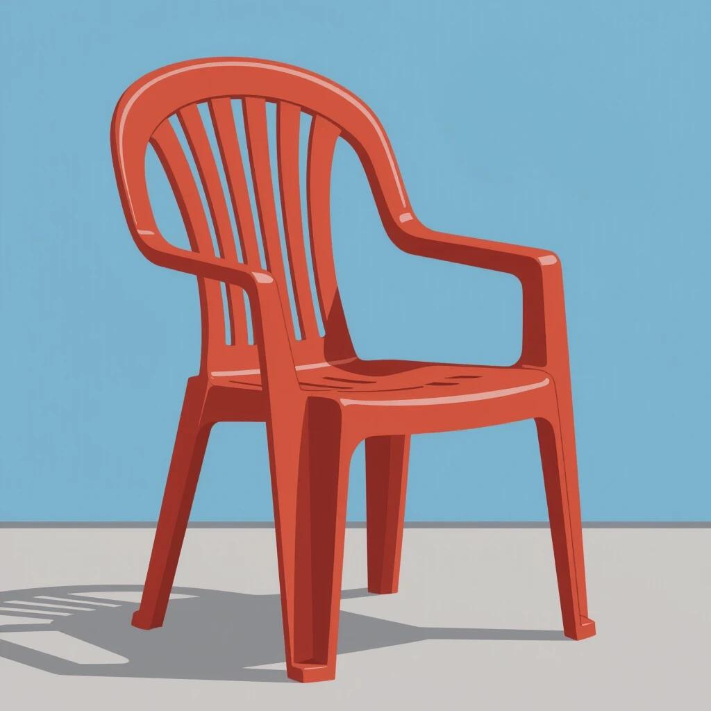 Cartoon vector style illustration of a plastic chair. Chair is positioned in a 3/4 view. Simple and flat angle perspective. Background is solid blue.