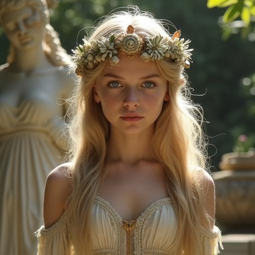 A blonde girl with blue eyes in an ancient Roman garden. Statues of Aphrodite and Pan visible. She wears a flower crown and a delicate dress. Soft light enhances her beauty.