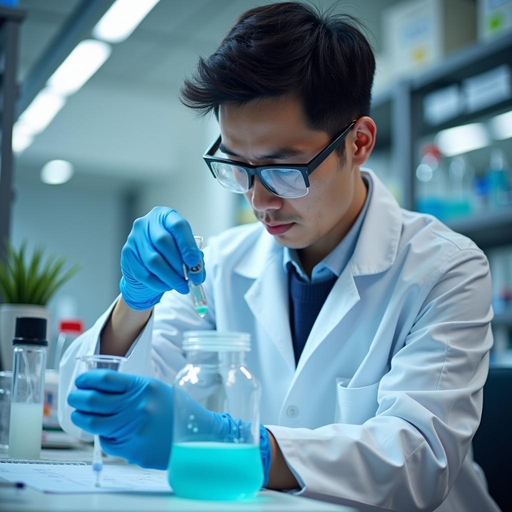 A scientist is meticulously examining a precipitation titration in a modern laboratory. He is wearing a white lab coat and protective gloves, demonstrating careful attention to detail. The laboratory is well-organized, with various glassware and chemical solutions in the background. His focus is on a glass jar containing a bright blue solution, suggesting a chemical reaction. The environment is bright and sterile, emphasizing the scientific process at work.