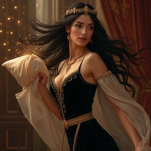 Medieval fantasy queen. Woman with porcelain skin. Long flowing dark hair in motion. Delicate golden circlet with glowing runes. Elegant dark velvet bodice. Sheer silk waist sash flowing. Dynamic pose inspired by throwing. Right arm extending forward. Soft pillow leaving hand. Motion blur on pillow. Magical sparkles trailing. Left arm extended backward. Bent knees. Focused playful expression. Warm dramatic lighting. Luxurious medieval bedroom background.