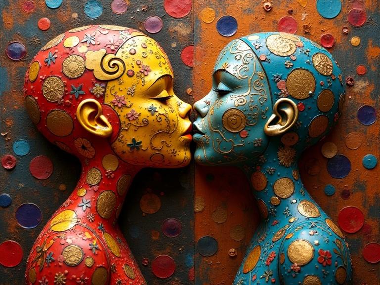 3D painting features two colorful figures kissing. One figure exhibits red with floral designs and the other blue with intricate patterns. Gold embellishments cover their surfaces. Background is vibrant with circular motifs in various colors.