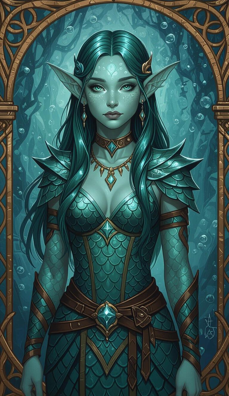 Acrylic-painting style. Young teen druidic fish-girl. Sharp finned webbed wide ears. Fully teal coloured skin. Fish scaled skin. Theros-Fantasy clothing. Celestial mage. Long slick-backed green hair. Teal scaled skin. Full body. Amphibian-like. Voluptuous.