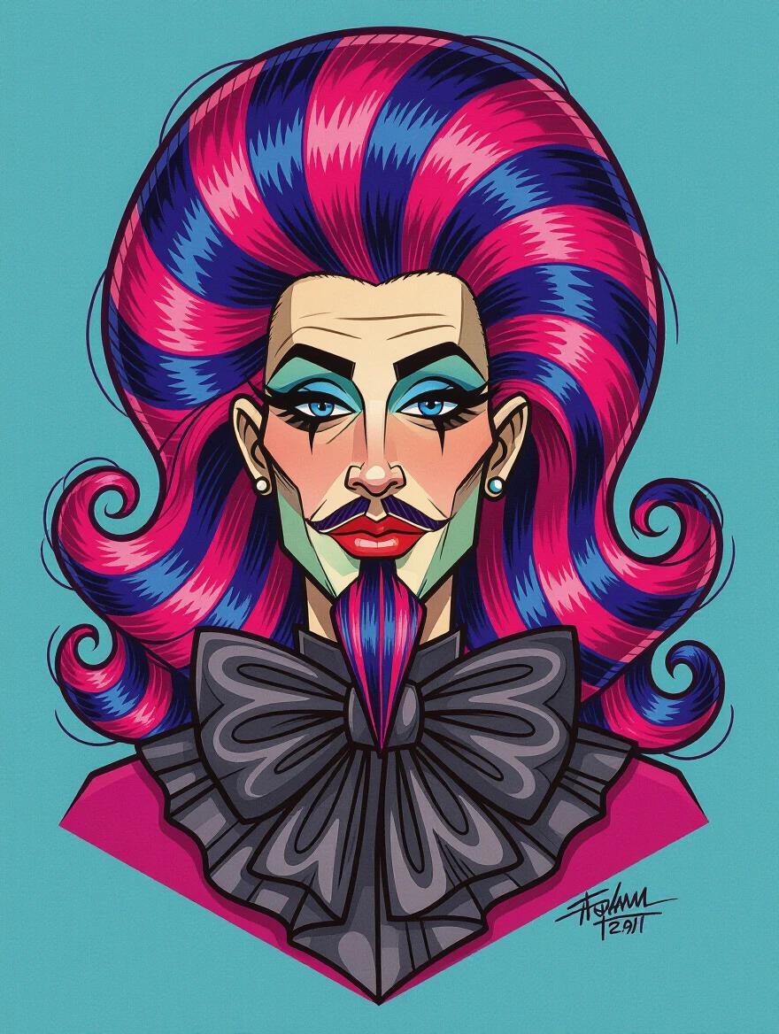 Highly stylized caricature drawing featuring vibrant long striped hair and beard. Hair is large and curly in bright colors. Decorative bow neckline garment made from shiny fabric. Bold color palette. Digital cartoon art with distinct outlines and flat background.