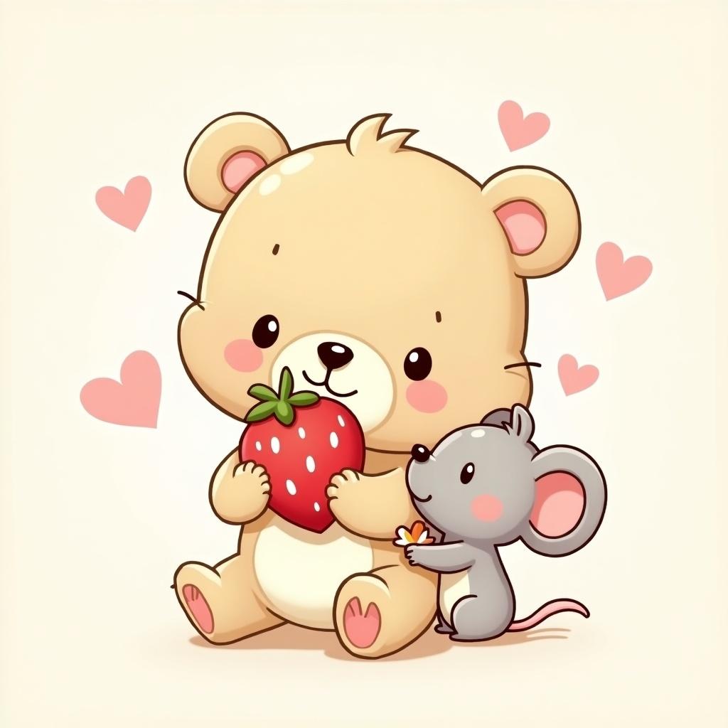 This image depicts a charming cartoon illustration featuring a cute bear and a small mouse. The bear is joyfully holding a bright red strawberry. The mouse is playfully positioned next to the bear, adding to the friendly scene. Surrounding them are pastel-colored hearts, enhancing the lovability of the image. The color scheme is soft and appealing, with warm tones. This delightful artwork would attract children's attention and spread happiness.