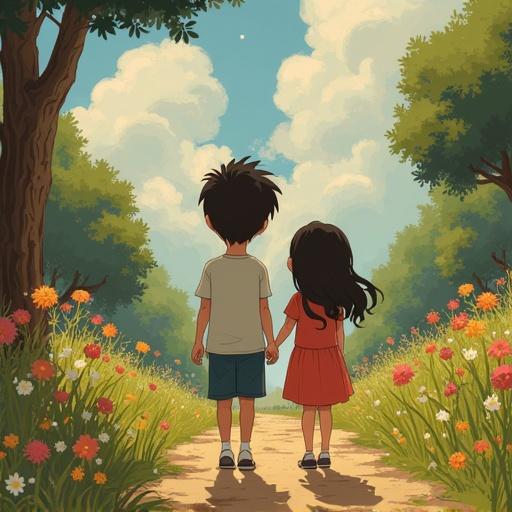A Ghibli-style image of a big brother and his sister walking hand in hand down a scenic path filled with flowers. The scene includes lush greenery and a whimsical sky, evoking moments of adventure and family.