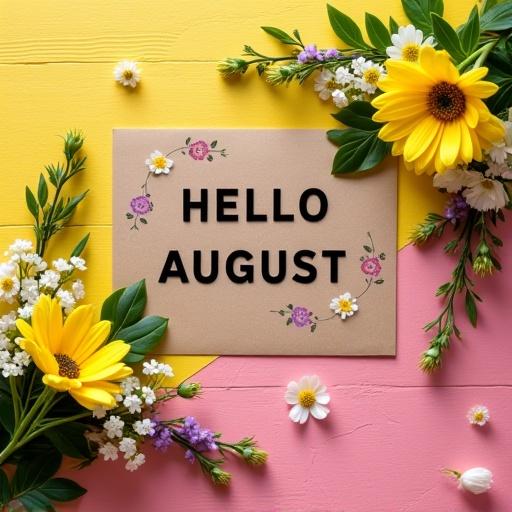 A rectangular piece of light brown kraft paper is positioned slightly askew. Bold black letters spell out HELLO August. The card has floral illustrations in shades of pink, purple, and white. The background is a vibrant yellow surface. The card is framed by an abundance of real flowers including yellow freesia, iris, lily, and roses. Smaller white and pink blossoms are also present. The lighting is bright and even, typical of a flat lay photograph.