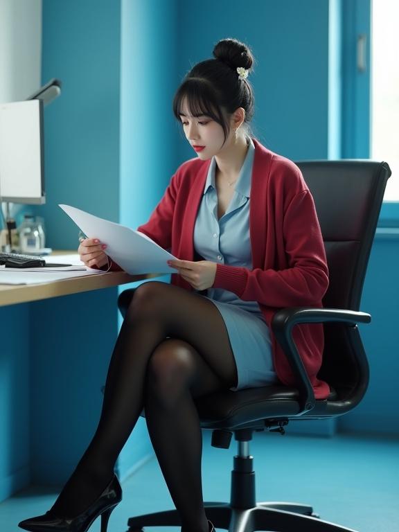 Full-body image features an East Asian female agent sitting at her desk reading intel files in agency building. She wears black pantyhose and black closed-toe heels. The outfit includes a light-blue blouse and knee-length skirt with cherry-red cardigan. Black hair is styled in a bun with a white flower hair clip. The background is modern with blue walls.