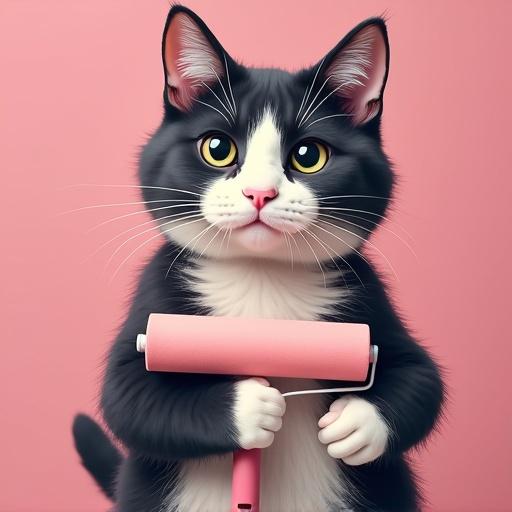 A cat holds a pink paint roller. The cat has a black and white fur pattern and a playful expression. The background is pink and the composition is whimsical.