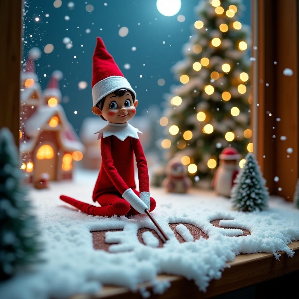 Enchanted Christmas scene includes elf on the shelf who is facing viewer. Elf wears red and white dress and holds stick. Elf writes 'EODS' in snow. Background has snow and Santa's village. Festive ambiance captures Christmas spirit with whimsical twist.