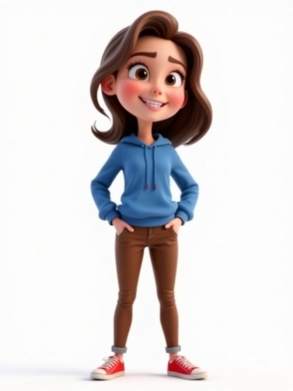 Young woman character in Pixar animation style. Brown hair styled playfully. Wearing blue sweatshirt and brown jeans. Red shoes on feet. Clean white background enhances the design. Dynamic 45-degree angle perspective. Character exudes charm and assurance.
