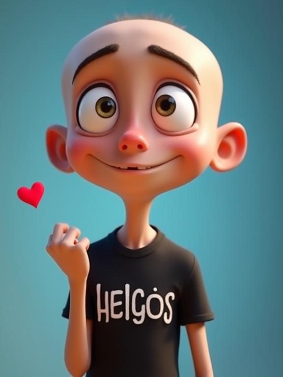 Pixar cartoon character with a nearly bald head and skinny face. Big expressive eyes. Wearing a black t-shirt with the word HELGOS. Smiling playfully and sending a kiss. Small red heart flying towards the viewer. Soft blue background. Warm and funny atmosphere.