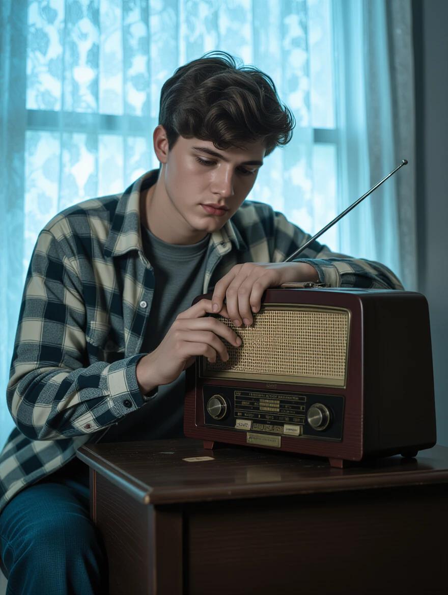 Teenager interacts with vintage radio. Scene set at night. Inside a room with illuminated window curtains. Soft blue tones enhance atmosphere. Hands delicately adjusting radio. Dark surroundings create vintage horror feel.