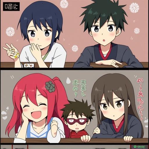 Two girls and two boys sit at a table. One girl looks playful; one boy is curious. Another girl smiles widely. The other boy wears glasses. Characters are drawn in a manga style with a warm, cozy atmosphere.