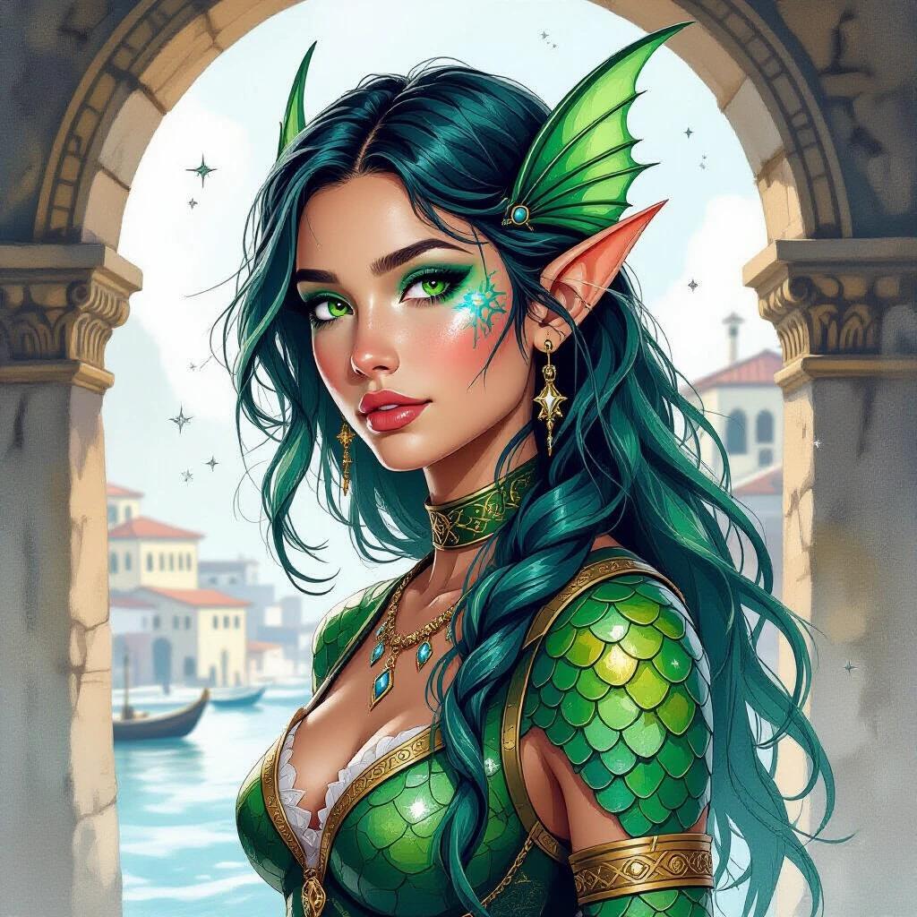 Late teenage Triton fish-person in Ancient Greek fantasy port city. Sharp finned ears and green-blue scaled skin. Wearing ancient Greek clothing showcasing scales. Wielding black stone casting magical constellations through light. Long green-blue hair slicked back. Surrounded by elements of fantasy and oceanic themes.