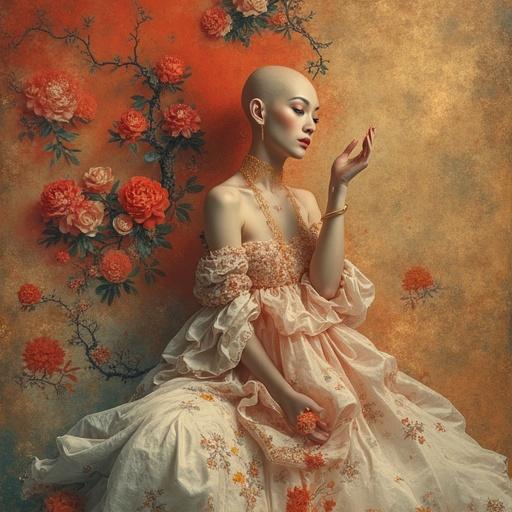 A stylized figure adorned in a lavish dress surrounded by intricate floral decor. The ambiance conveys elegance with a mix of surreal and artistic elements.