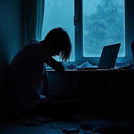 A young person sits alone in a messy bedroom. They lean against a wall with their head down. The room is dark with a faint bluish glow from a rainy window. Crumpled papers clutter the desk. A closed laptop and a face-down phone lie on the floor. The body language shows exhaustion and hopelessness. It is midnight and silent except for the rain.