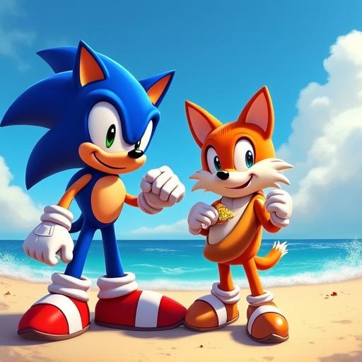 Sonic and Tails on a sunny beach standing next to each other. Sonic is blue with spiky fur. Tails is orange with two tails. Both characters have cheerful expressions. The beach has a clear blue sky and gentle waves in the background.
