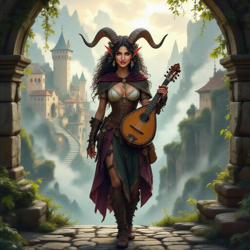 Realistic fantasy illustration features a satyr bard woman on a stone bridge. She stands confidently overlooking an ancient city within misty cliffs. Curved goat horns adorn her head along with pointed ears and a mischievous smile. Curly dark hair is tied with ribbons. Richly decorated cloak and leather armor enhance her appearance. A lute slung over her back adds character. Morning light illuminates stone towers, staircases, and gardens. Fireflies hover lightly in the air. The scene is cinematic and ethereal.