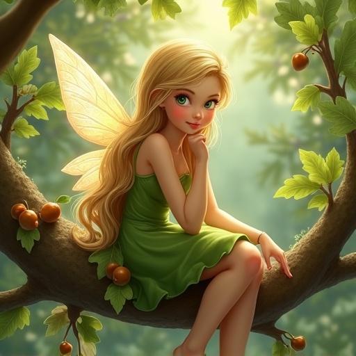 Illustration of a delicate fairy sitting on a tree branch surrounded by acorns and oak leaves. Long blonde hair. Green dress with shimmering wings. Chin resting on her hand with fingers gently curled. Background features a mystical forest.