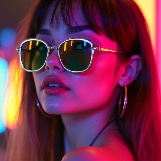 Close-up portrait of a woman with sunglasses. Neon lights create a vibrant atmosphere. Influence of 80s dance style reflects in the fashion.