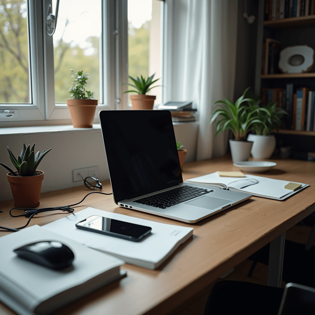 A tidy desk with a laptop, plants, and books near a window offering natural light.