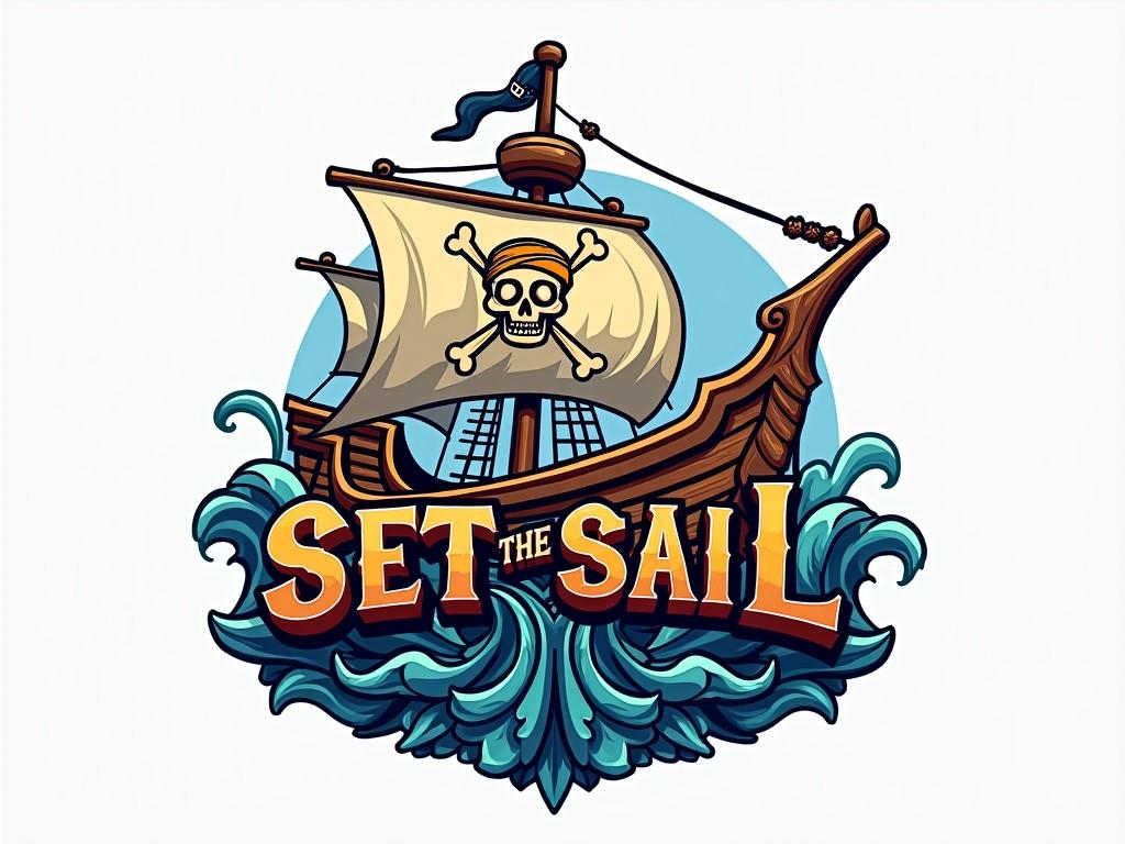 This vibrant illustration features a stylized pirate ship with a prominent skull and crossbones on its sail, navigating through animated waves. The banner below reads 'Set the Sail' in bold, colorful letters, adding to the adventurous and whimsical theme of the image.