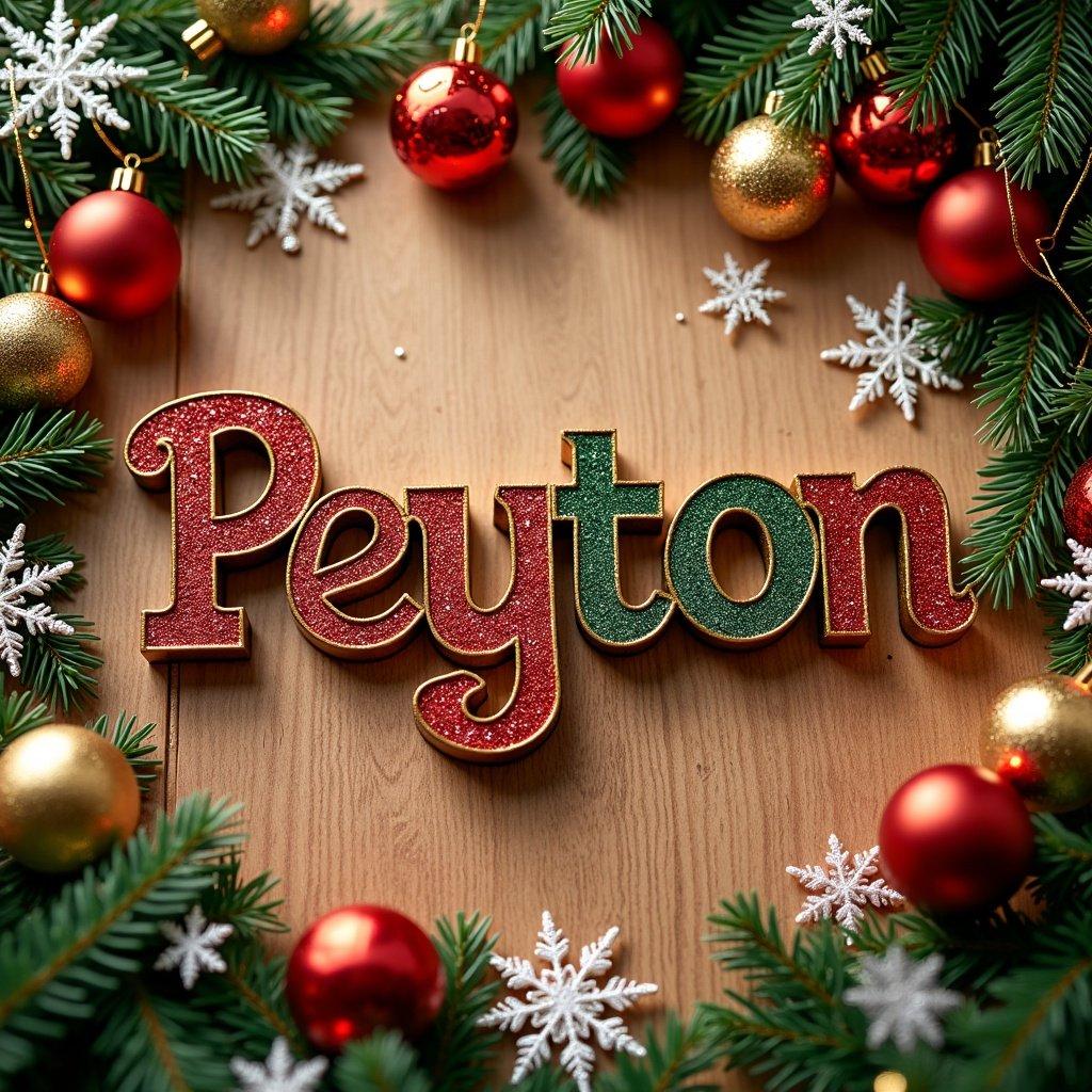 The image features a name 'Peyton' in red and green lettering surrounded by gold and red ornaments. Evergreen branches frame the scene with snowflake decorations. The background is a warm wooden texture. Perfect for holiday greetings and decorations.