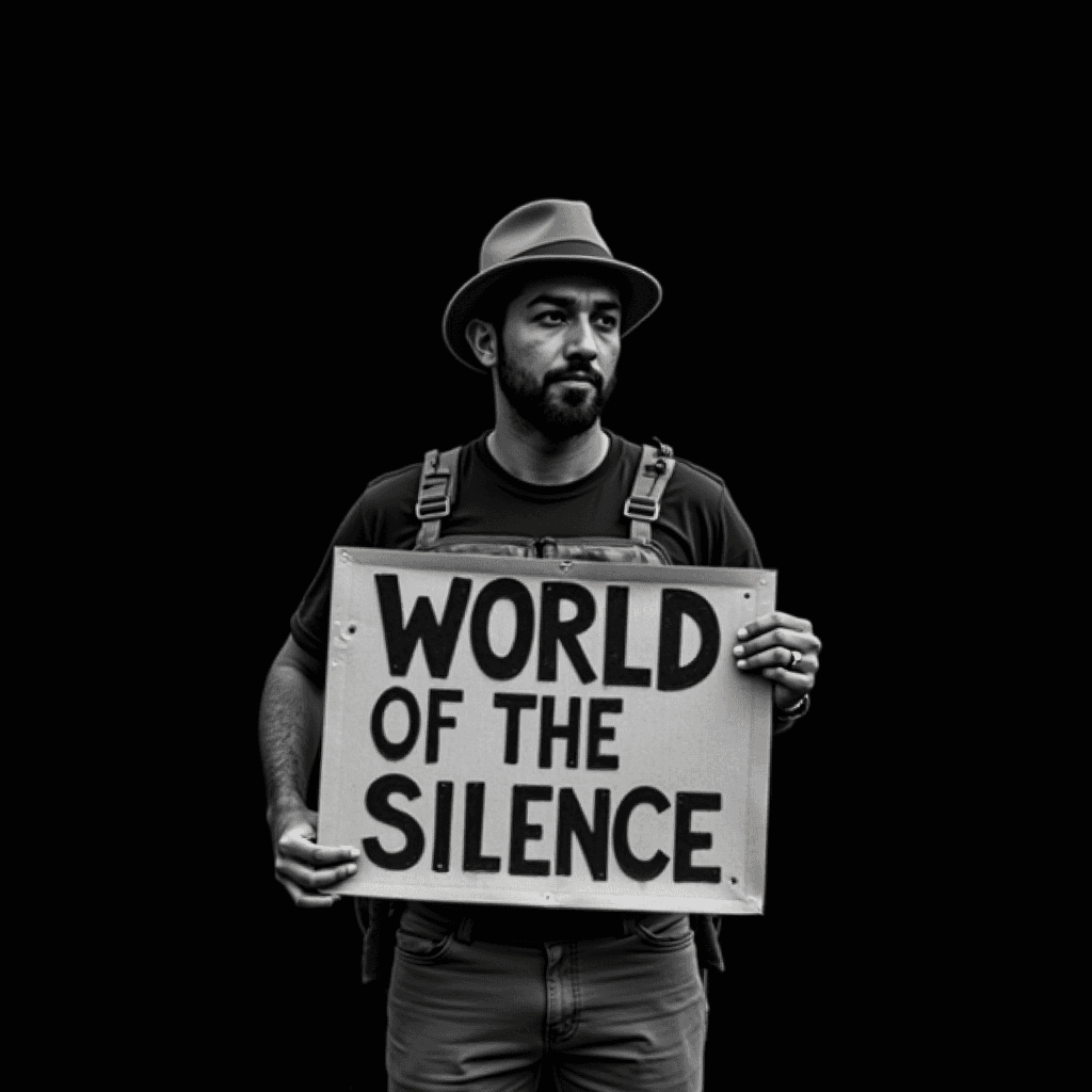 The image shows a bearded man wearing a hat and standing against a black background. He is holding a sign that reads "WORLD OF THE SILENCE." The photograph is in black and white, emphasizing the contrast between the text on the sign and the background. The expression on the man's face is serious and contemplative, adding to the somber mood of the image. The simplicity of the composition and the stark color scheme create a powerful visual statement.