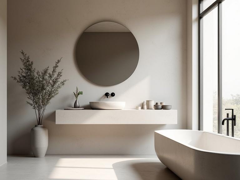 Minimalist bathroom design featuring matte black fixtures. Includes a large round mirror above a stone sink. Bright natural light from a high window. Eucalyptus branch in a ceramic vase. Neutral tones with clean lines create a luxury spa atmosphere.