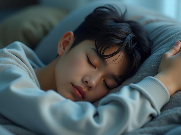 A young Asian boy sleeps peacefully on a soft sofa. His eyes are gently closed. He is curled up comfortably. Soft lighting comes from the window. The atmosphere is tranquil and calming. Colors are muted, featuring soft blues and grays. The image shows a high level of detail, with lifelike textures and convincing shadows.