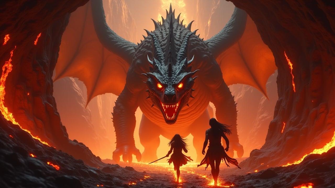 A colossal dragon with obsidian scales and fiery orange eyes emerges from a volcanic cave. Its wings spread wide and fire erupts from its nostrils. Veer and Maya sprint away in the foreground, Veer holding a glowing map and Maya clutching her sword. Lava flows around them with a hellish red glow on their faces. A dynamic medium-wide shot captures the intensity of the scene.