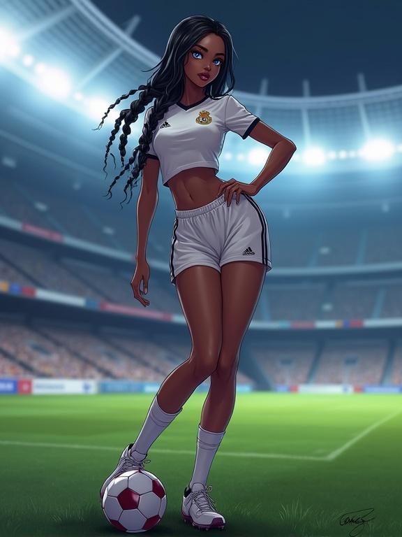 Digital illustration of a young woman in a soccer pose. She wears a Real Madrid jersey and shorts. The scene takes place in a large stadium. A soccer ball at her feet. Floodlights illuminate her figure. The style is anime with a focus on attractive features.