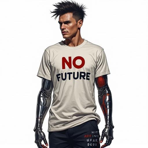 A cyberpunk man wears a t-shirt with 'NO FUTURE' text. He has spiked hair and one chrome arm. The background is white. The look is rough and hyper-realistic.