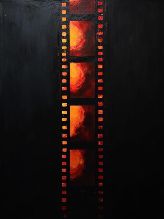 Digital oil painting on a black background. Harsh paint strokes create an unfinished look. Flat colors used with dynamic silhouette design. Minimalist style showcases voids shaped like film negatives. Shadows blend with cubist edges resembling defined film strips.