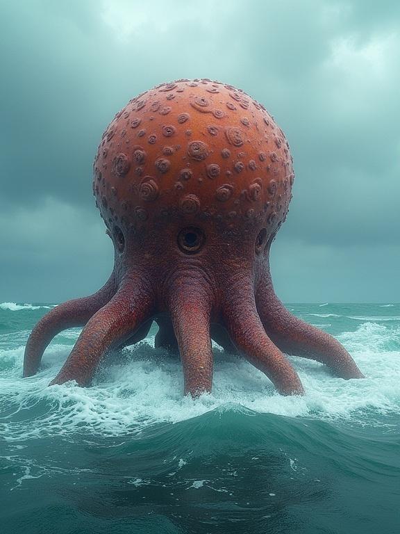 Giant octopus envelops a lighthouse in stormy sea. Heavy waves crash around the base of the lighthouse while dark clouds loom overhead. The octopus stands prominently against the turbulent waters.