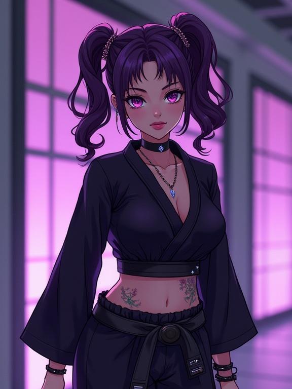 Anime character with wavy pigtails wears modern black taekwondo gi. Character has purple eyes and edgy accessories. Background is a luxurious dojo with purple lighting. Shows martial arts training stance. Character has beautiful tattoos and serious expression.
