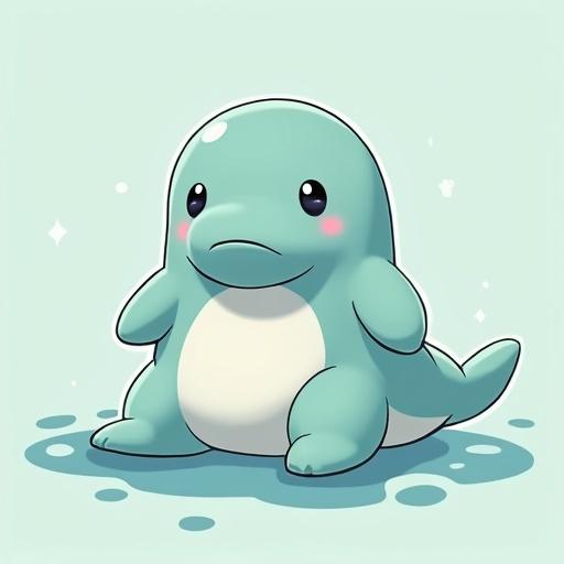 A cute plush dugong character illustrated in a Pokémon art style. Character has a soft blue color with a white belly. Emphasis on the face showing innocence and cuteness.