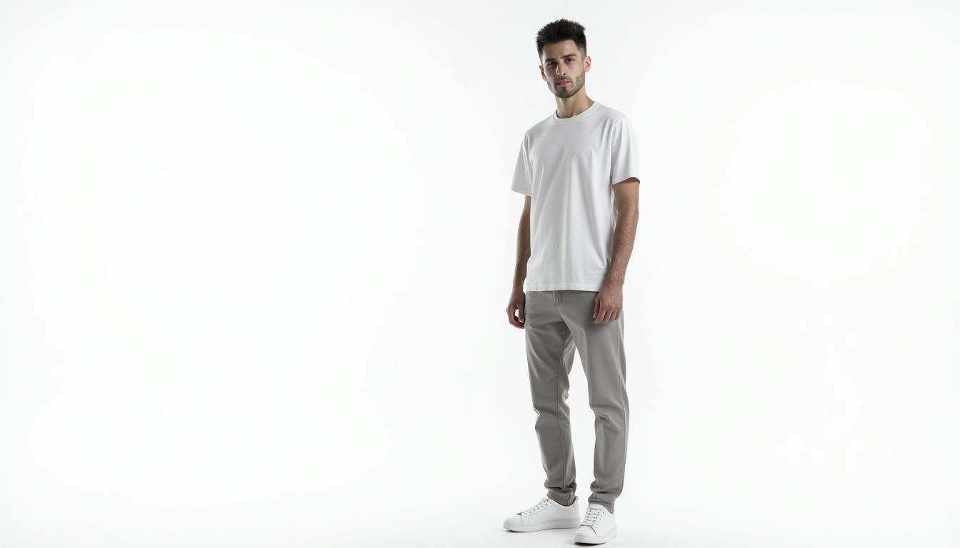 Image of a male model in a minimalist style. Model wears modern casual clothing. Background is completely white for a sleek appearance.