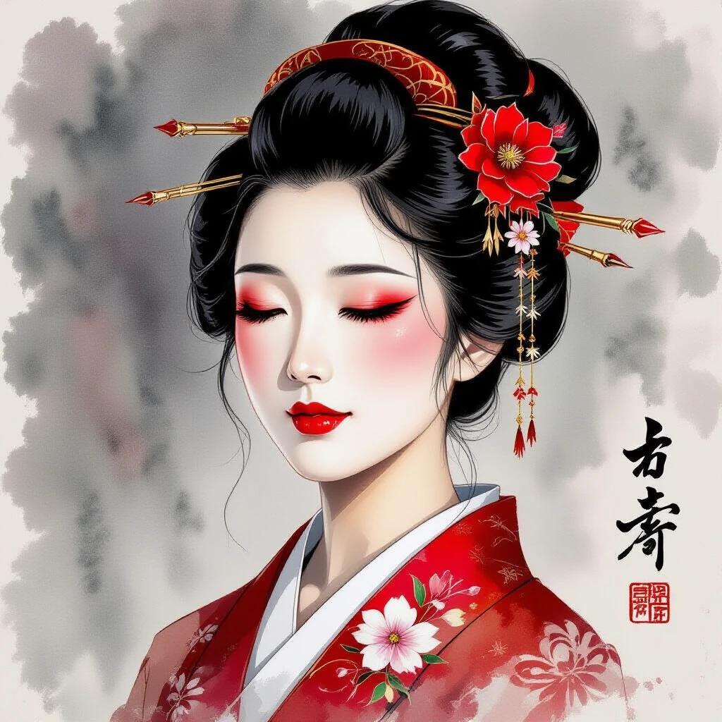 An artistic style combines traditional Eastern aesthetics with modern design. A woman with closed eyes and vibrant red makeup stands out against a black and white backdrop. The abstract background creates a hazy atmosphere, suggesting deep emotion or storytelling.
