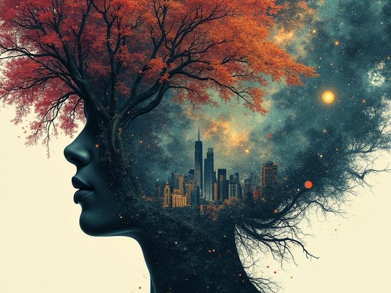 Double exposure technique used to create an artwork. A galaxy merges with a tree and a city. Stars and natural elements blend together. High level of detail and vibrant colors present. A silhouette of a princess head is incorporated into the image.
