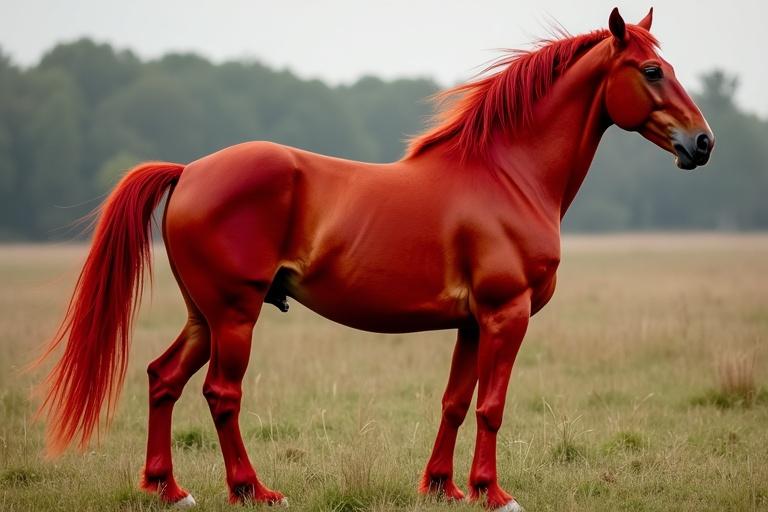A vibrant red horse stands in a grassy field with its tail fully in view. The horse's coat is bright red, contrasting with the natural green and brown background.