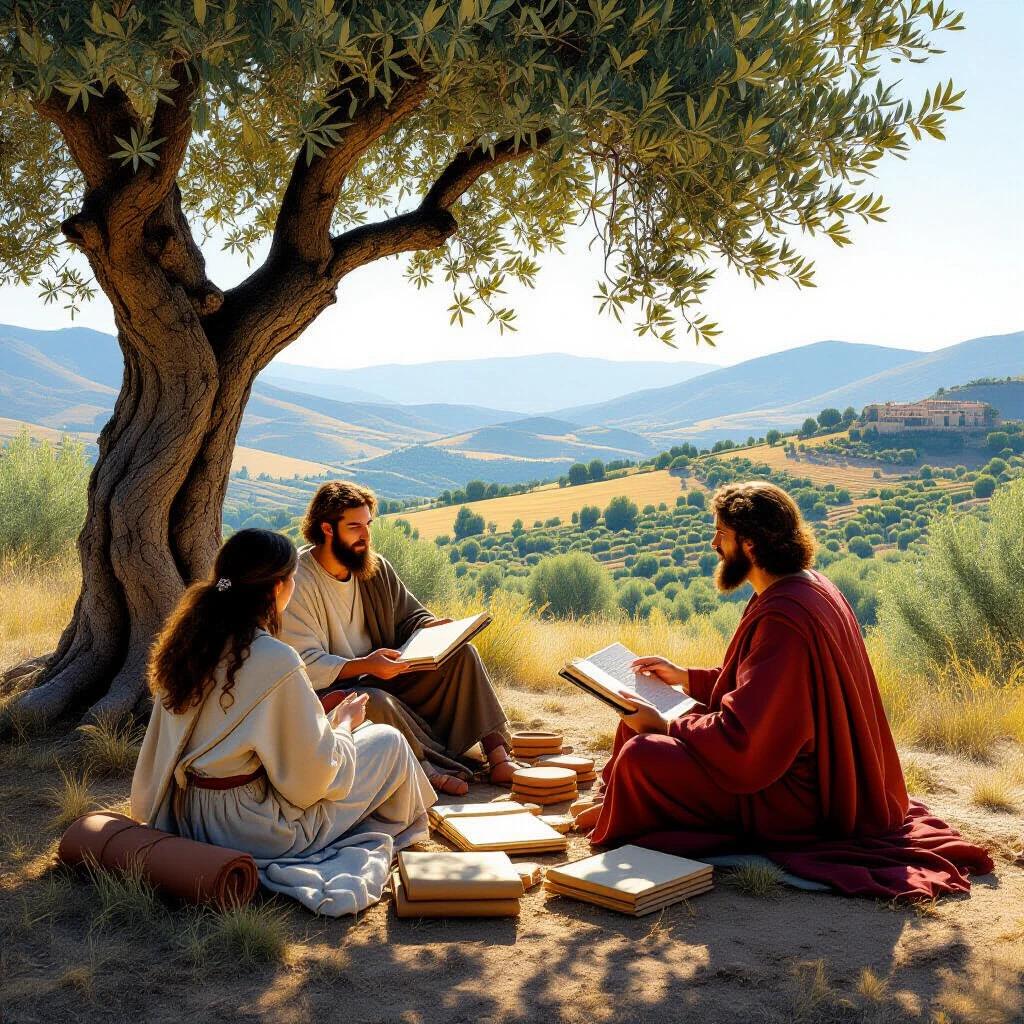 Group of three people studying under an olive tree. Books and scrolls placed on the ground. Sunlit hills in the background create a serene atmosphere. Subject matter reflects curiosity and learning in nature.