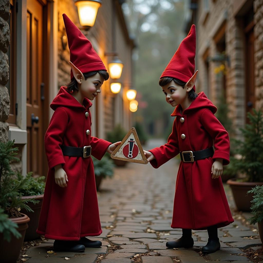 Two elves dressed in red with pointed hats stand outside. They are holding a warning sign indicating illness. The setting is a pathway with festive lighting.