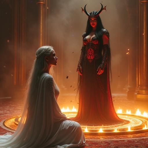 Stunning female summoner kneels forward. Serene face visible framed by long silver hair. Wears a white ceremonial robe with silver embroidery. Translucent veil draped around neck. Behind her, seductive female demon stands in a glowing summoning circle. Crimson skin glows subtly. Curvaceous body wrapped in black silk and dark metal armor. Glowing sigils adorn armor. Golden eyes, wicked smile radiate allure. Long black hair flows like shadow. Curving horns crown head. Demon gazes at summoner. Chamber lit with warm golden light and crimson glow. Magical mist, embers, black feathers swirl in obsidian space.