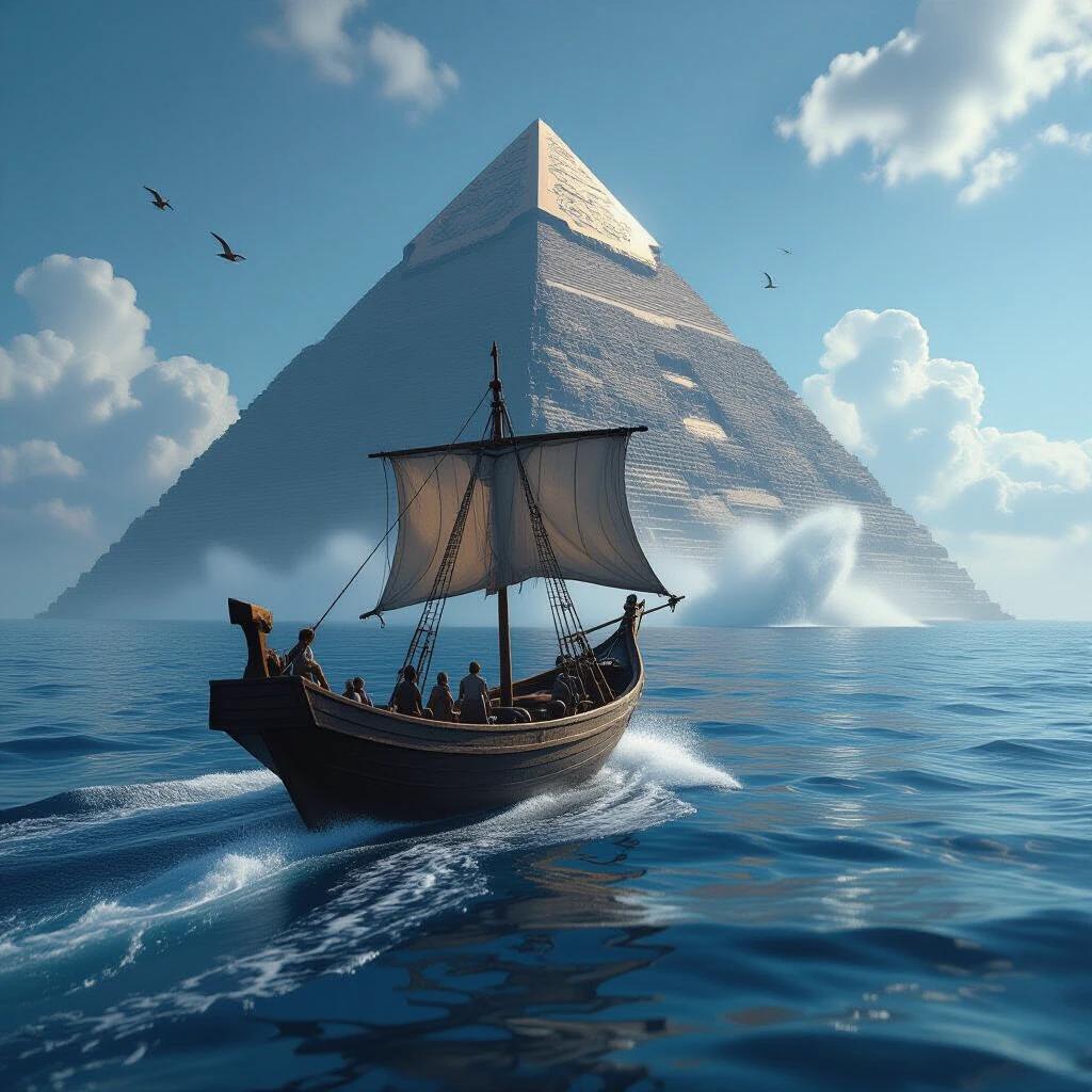 Ship sailing towards pyramid. Scene depicts the ship navigating ocean waters. Pyramid looms large in the background. Clouds scattered in blue sky. Ocean waves create motion. People aboard ship exhibit curiosity.