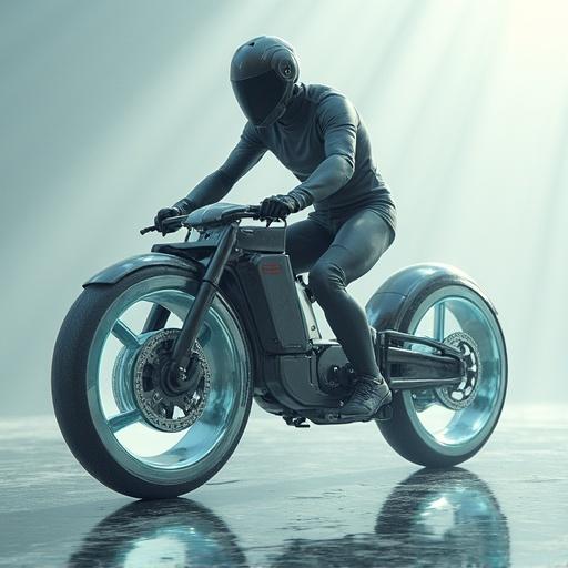 Futuristic motorcycle with glass sphere wheels. High-tech and conceptual design. Sporty and sleek aesthetic. Dramatic lighting enhances innovative look.