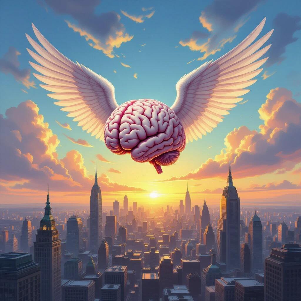 Fantasy artwork showcasing a brain with wings. The brain is flying above a sprawling city. The backdrop features a sunset with warm colors creating an inspiring atmosphere. Tall buildings dominate the landscape below. The scene symbolizes flight of ideas and creativity.